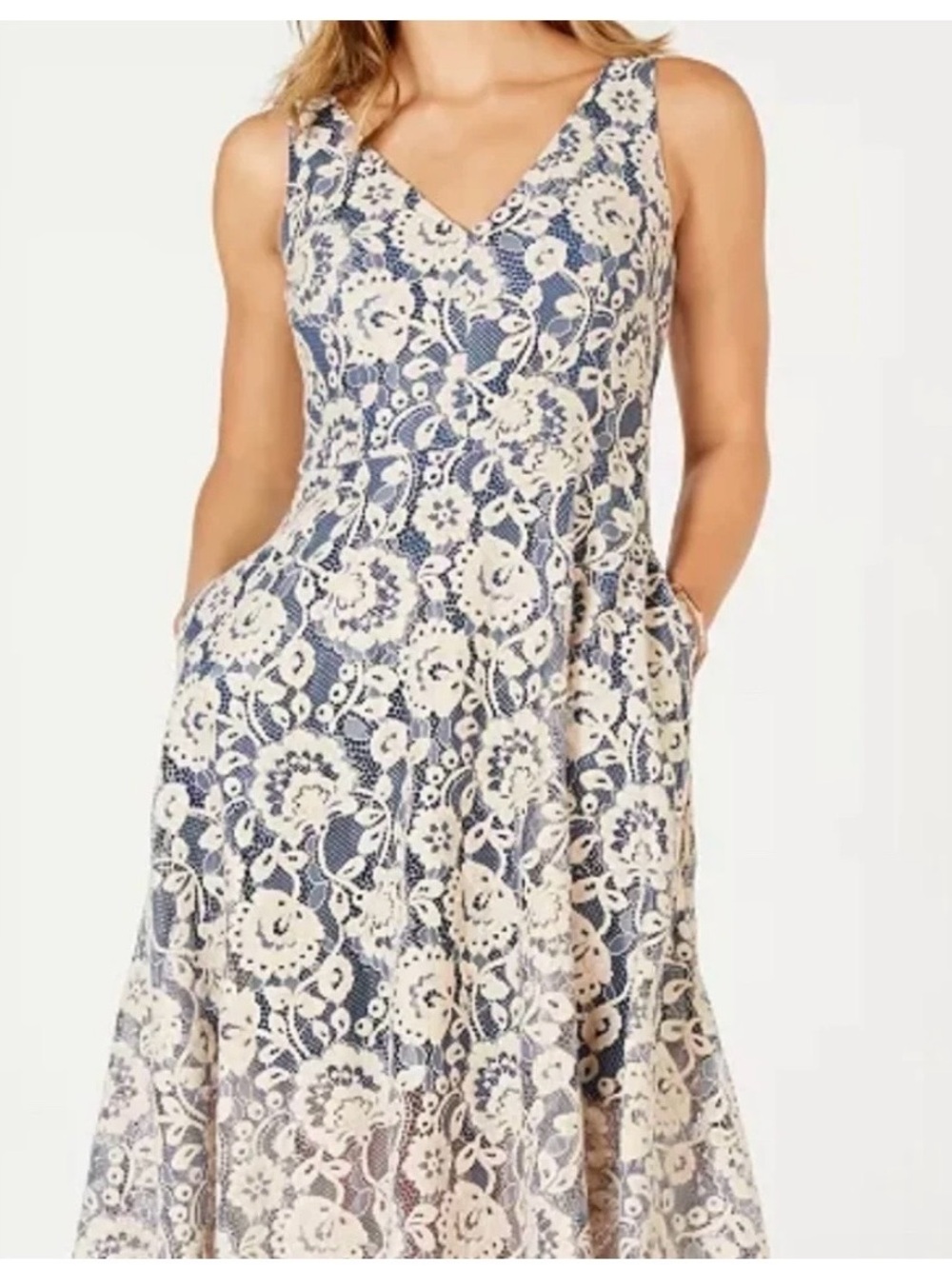 Vince Camuto Dress Size 14 Blue Cream Floral Lace V-Neck Midi A-Line Pockets EUC